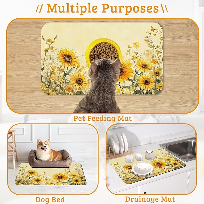 Yellow Floral Feeding Mat,Sunflower Absorbent Quick-Dry Cat Dog Food and Water Bowl Mats,Non-Slip Rubber Backing Mat,Cat Dog Accessories Supplies 12" x 20"
