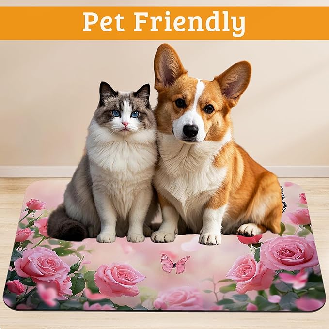 Rose Pink Dog Cat Food Mat,Butterfly Absorbent Waterproof Placemat for Food and Water Non Slip Rubber Backing Durable Feeding Pad for Clean Floors 12" x 20"