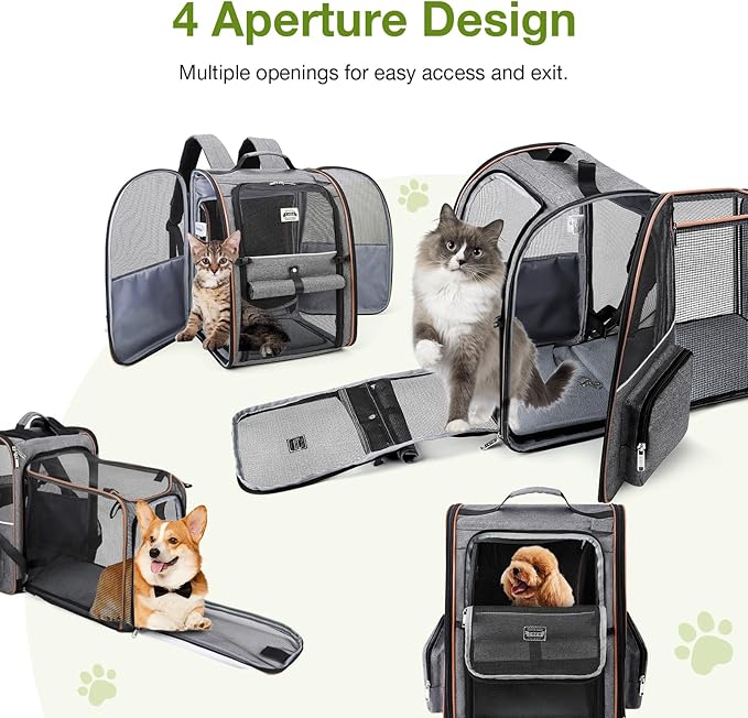 Lekebobor Cat Carrier Backpack, Expandable Pet Carrier with Sun Shade & Full Front Opening, Breathable Mesh Backpack for Small Dogs & Medium Cats Up to 18 Lbs, Foldable for Hiking, Camping (Grey)