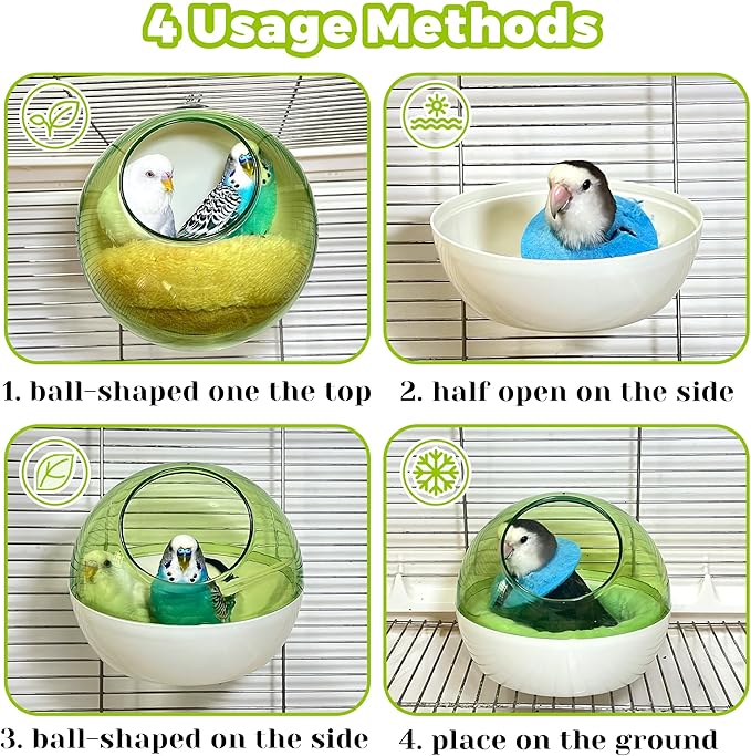Bird Nest for Cage Bite-Resistant, Washable Clear Observation Small Bird House Hanging, Warm Birds Bed Plush Hut, Parakeet Nest to Lay Eggs Breeding Sleeping for Budgie Lovebird Canary (Green, Clear)