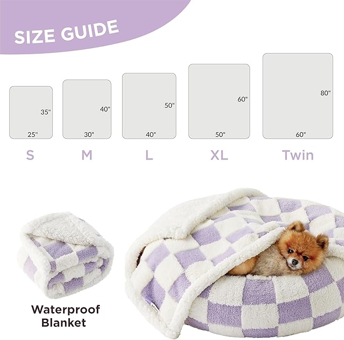 LE SURE Waterproof Dog Blanket for Large Dogs - Washable Double Sided Dog Blankets with Warm Jacquard Shag and Soft Sherpa Fleece, Pet Cat Blanket for Bed Couch Protection, 3D Textured Checks, Purple
