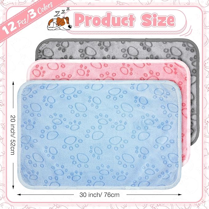 Tegeme 12 Pcs Pet Blankets Soft Fluffy Fleece Dog Cat Warm Paw Print Pattern Blankets Flannel Throw for Pets Dog Puppy Cat(30 x 20 Inch,Pink,Gray,Blue)