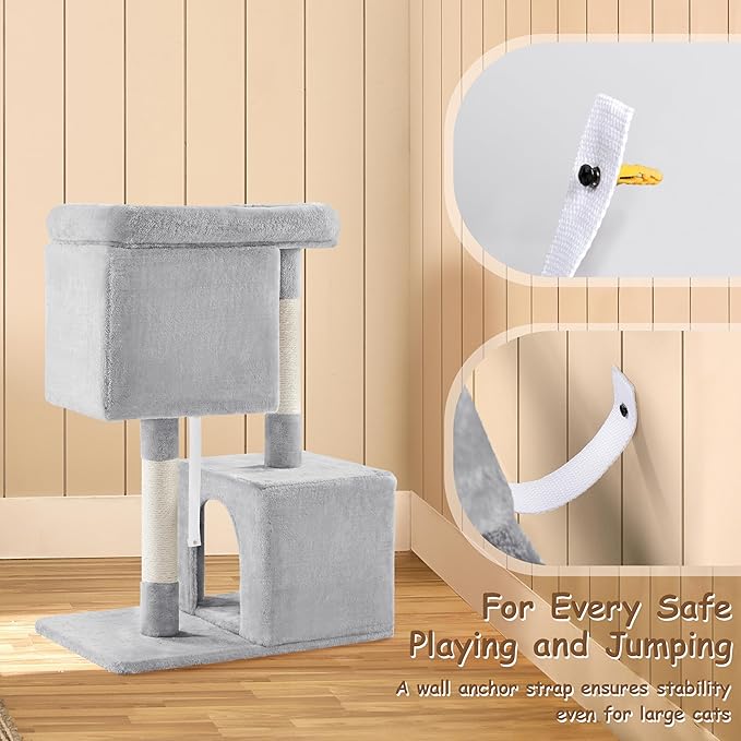 Yaheetech 33.5in Cat Tree Tower for Indoor Cats w/2 Cozy Plush Condos, Oversized Perch & Sisal Scratching Posts, Stable Cat Stand House for Large Cats & Pets, Light Gray