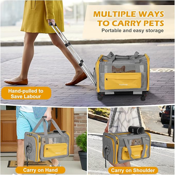 Pawinner Pet Carrier with Wheels, 17.7" x 13" x 13" Airline Approved Cat Carrier, Newly Designed Rolling Travel Bag with Telescopic Handle, for Small Dogs and All-Breed Cats