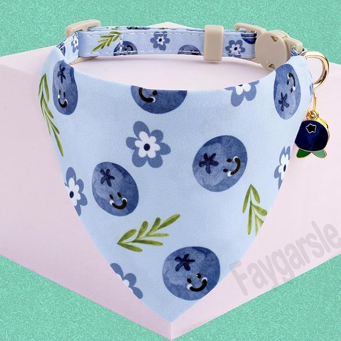 Faygarsle 2 Pack Blueberry Pattern Cat Collar Set with Bandana and Bow Tie, Light Blue, Breakaway Style with Bell