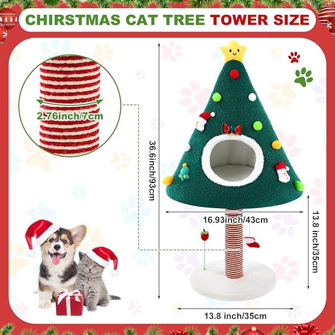 36.6 Inch Christmas Cat Tower with Cat Scratching Post and Green House Scratcher Tall Tree Tower Nature Sisal Christmas Tree Scratcher Activity Center Play Condo for Indoor