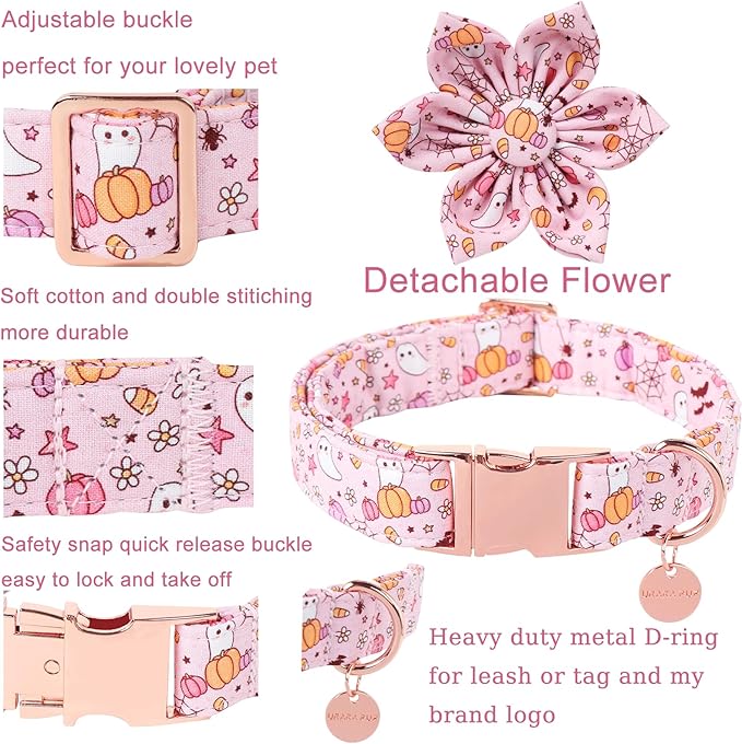 Halloween Dog Collar With Flower, Pink Puppy Collar With Adjustable Metal Buckle, Fancy Bowtie Gift for Girl Boy Dog, L