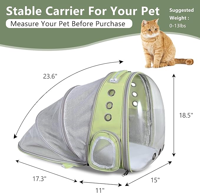 Cat Backpack Carrier Back Expandable Bubble Pet Carrier Backpack for Large Cat, Kitten and Dog, Designed for Hiking, Travelling and Outdoor Use (Back Expandable-LightGreen)