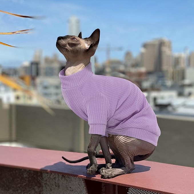 PUMYPOREITY Cat Clothes - Stretchy Cat Shirt & Sweater with Sleeves for Sphynx & Devon Rex Cats - Purple, XL