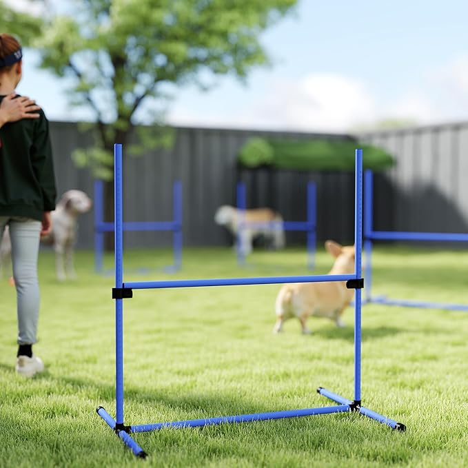 PawHut 4 Piece Dog Agility Training Equipment for Dog Agility Course with Adjustable Height Jump Bars, Included Carry Bag, & Displacing Top Bar, Blue