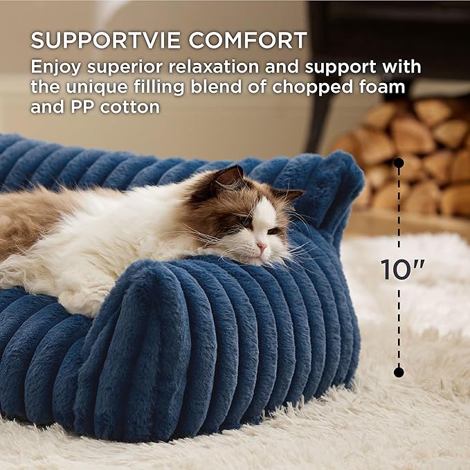 Bedsure ComfyFleece™ Cute Cat Couch for Pets - As Seen on TV on Good Day New York, Fuzzy Cats beds for Indoor Cats with Removable Washable Cover, Supportive Pet Sofa, 24inch, Night Blue