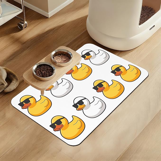 Cute Ducks Glasses Pet Feeding Mat for Floors–Christmas Stocking Absorbent Quick Dry Dog Cat Bowl Mat for Food and Water, Non Slip Waterproof Base, Mess-Free Feeding Accessories 12"x20"