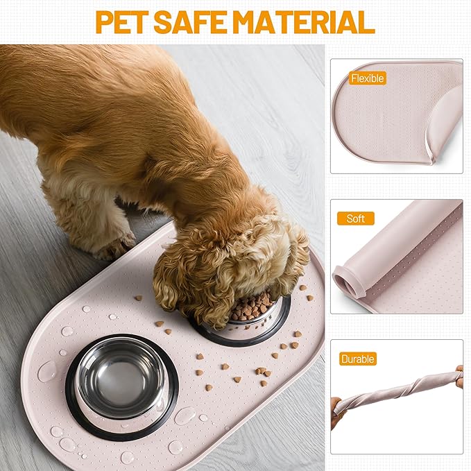 Hubulk 100% Waterproof Silicone Pet Feeding Mat with Raised Edge for Food and Water, Dog Bowl Mats, Cat Bowls Placemat with High Lip Protects Floor for Cats and Dogs (White Sand, 19" L x 12" W)