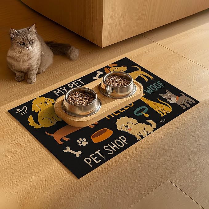 Cute Happy Dog Pattern Design Pet Food Mat 20" x 12" Fun Easy Clean Pet Feeding Mat Absorbent Cat Bowl Mat Non Slip Dog Foods Mats Pets Placemat for Dogs and Cat Feeding