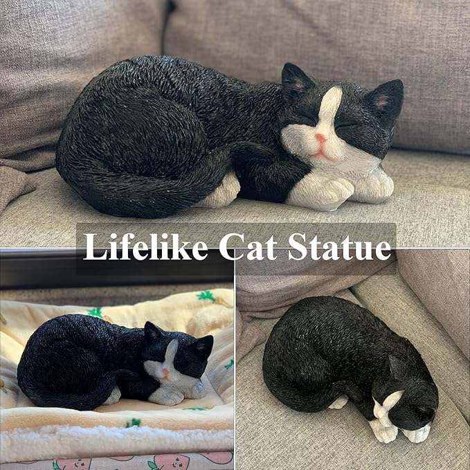 Cat Statue Outdoor Cat Figurines Garden Decor, Black Tabby Statue Figurine Decor Sculpture for Patio, Yard, Sleeping Tabby Statues for Indoor Table Accessory, Gift for Mom