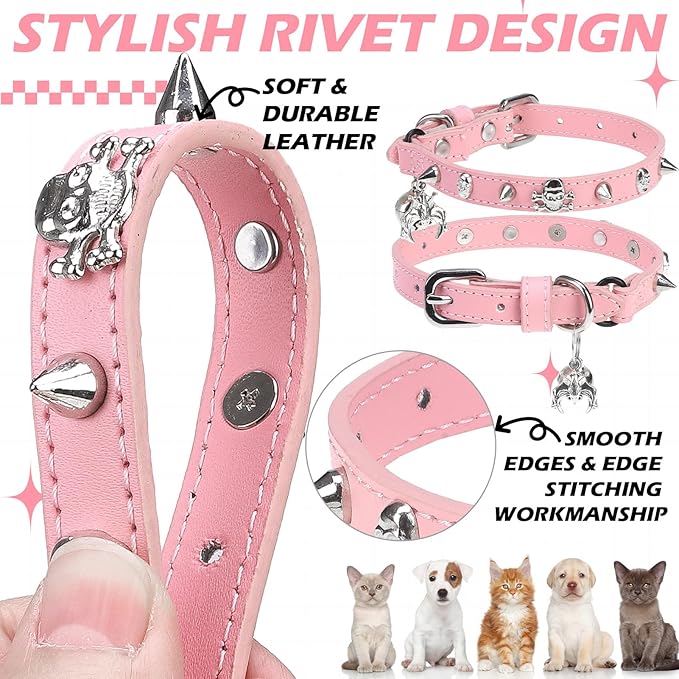 EXPAWLORER Cat Collar for Girl Boy Cats- Adjustable Leather Pet Collar with Safety Elastic Belt,Personalized Punk Accessories Buckle Collars with Bell & Durable D-Ring,Skull & Rivet（Pink）