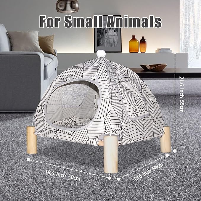 Pozico 2-in-1 Cat Bed Tent with Wooden Frame – Cat Teepee & Hammock, Portable Indoor/Outdoor Pet Tent for Cats, Kittens, Small Dogs, and Small Animals – Quick Assembly, White Diamond Design