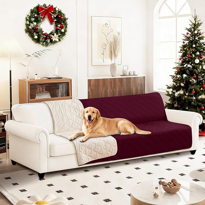 Waterproof Dog Bed Cover, Non-Slip Dog Blanket for Couch, Couch Covers for Dogs Washable, Pet Blanket for Furniture, Pet Bed Mat for Sofa, Car, Pet Supplies Christmas (68x82 Inch, Burgundy)