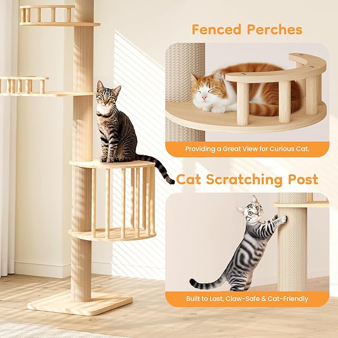 Floor to Ceiling Cat Tree Tower with Adjustable Height(98-106 Inches), Climbing Tower with Thickened Scratching Posts, Cats Activity Center with Cozy Hammock & Capsule