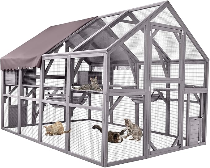 Aivituvin Extra Large Catio Outdoor Cat Enclosure Window Design for 10-20 Cats, 74"H Walk-In Patio Cat House with 4 Access Doors, Waterproof Roof, Spacious Kitty Cage for Multiple Indoor Outdoor Cats