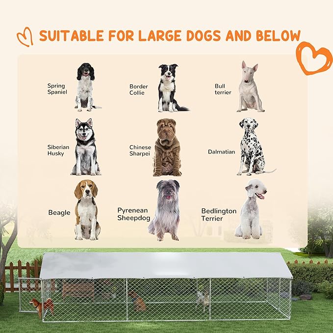 PawHut Outdoor Dog Kennel, Heavy Duty Dog Run Outdoor Fence with Waterproof Cover, Galvanized Chain Link, Secure Lock, for Large Sized Breeds, Chickens, Ducks, 20' x 7.5' x 5'