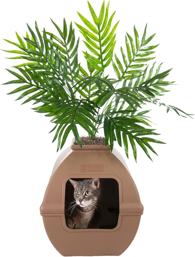 Good Pet Stuff Hidden Litter Box Planter, Decorative Cat Litter Enclosure with Carbon Filter, Artificial Plant, Easy Clean, Indoor Design, Courtyard Square Style, Base Kit, Mocha Brown