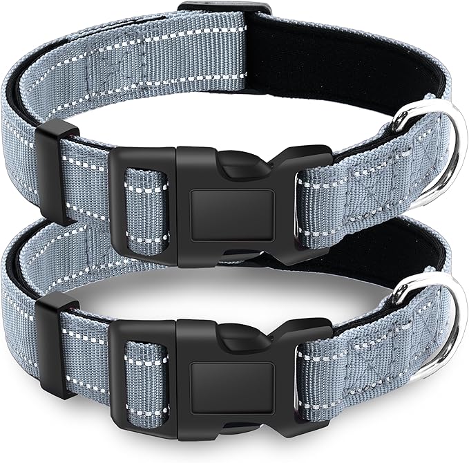 2 Pack Reflective Dog Collar with Safety Locking Buckle, Adjustable Soft Breathable Comfortable Nylon Pet Collar for Small, Medium and Large Dogs, Gray, L