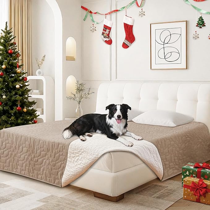 Waterproof Dog Blanket, Non-Slip Soft Pet Bed Cover, Couch Cover for Dogs Washable, Protects Sofa, Furniture, Crate, Car, Tear Resistant Leakproof Pet Blanket (82x82 Inch, Khaki)