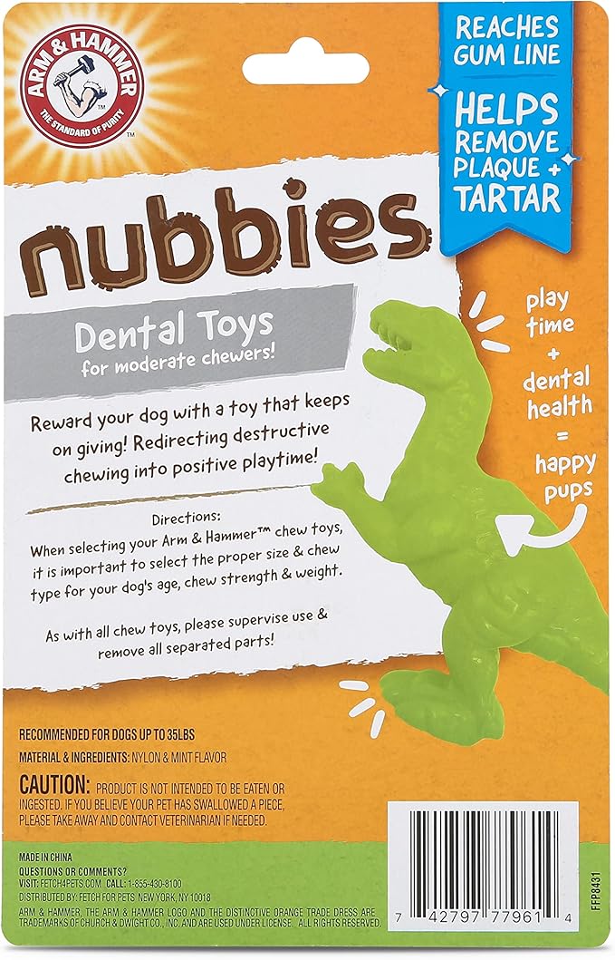 Arm & Hammer for Pets Nubbies Dental Toys T-Rex Dental Chew Toy for Dogs Best Dog Chew Toy for Moderate Chewers Reduces Plaque & Tartar Buildup Without Brushing, Mint Flavor (Pack of 24)