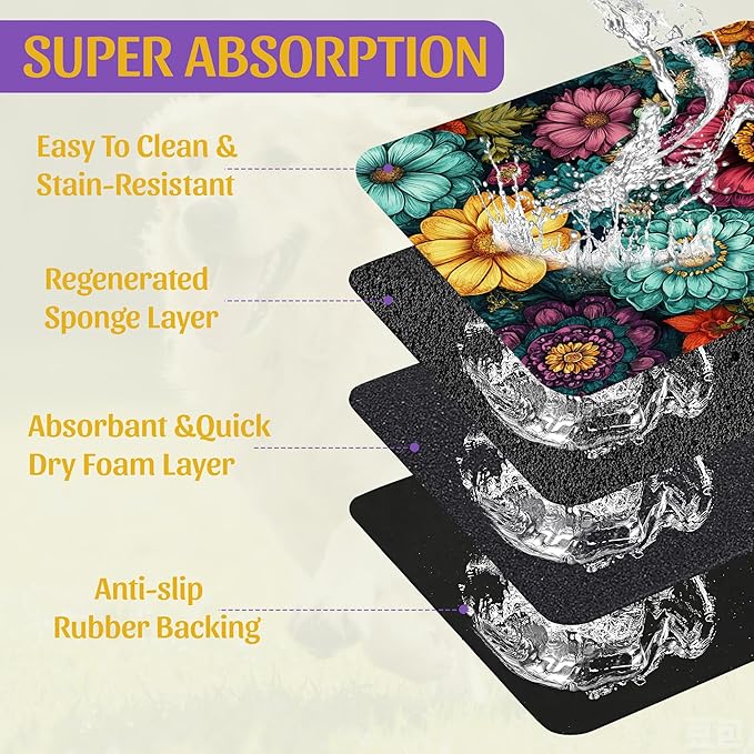 Vintage Floral Pet Feeding Mat, Fast-Dry Absorbent Dog and Cat Bowl Mat, Waterproof Rubber Base – 12x20 Inch
