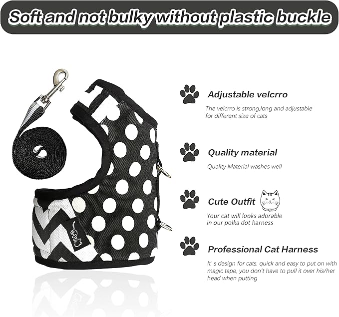 Cat Harness and Leash for Walking Escape Proof, Adjustable Cat Vest Harness, Padded Stylish Cat Walking Jackets, Polka Dot Black, XX-Large