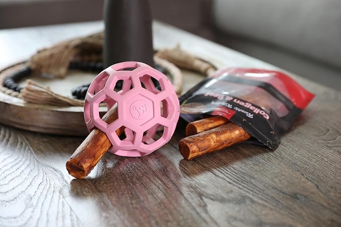 JW Pet HOL-ee Roller™, Dog Toy Puzzle Ball, Natural Rubber, Medium (4.5” Inch Diameter), Pink