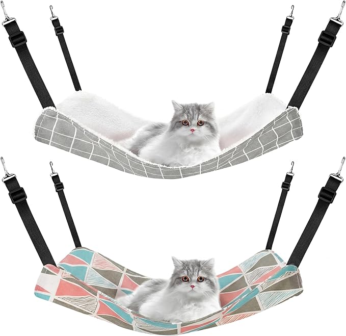 Jetec 2 Pack Cat Hammock for Cage, Catio Accessories Reversible Soft Cats Bed with Adjustable Straps and Hooks Double-Sided Linen and Fleece Hanging Hammock for Cats, Kitten(Geometry Pattern,M)
