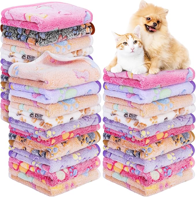 MCEAST 30 Pieces Fluffy Dog Cat Blanket with Paw Print 16 x 24 Inch, Washable Ultra-Soft Flannel Pet Throw Blankets for Small Animals, Cozy Puppy Bed Mat Warm Plush Bedding