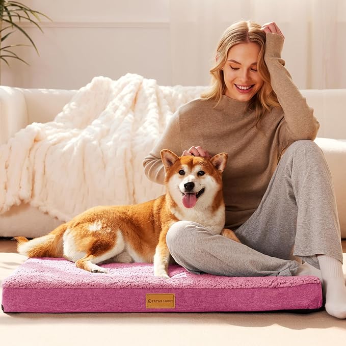 Patas Lague Orthopedic XL Dog Bed Large Sized Dog 42''X28'', Soft Waterproof Egg Crate Foam Large Pet Crate Beds Mat with Removable Washable Cover and Non-Slip Bottom, Hot Pink