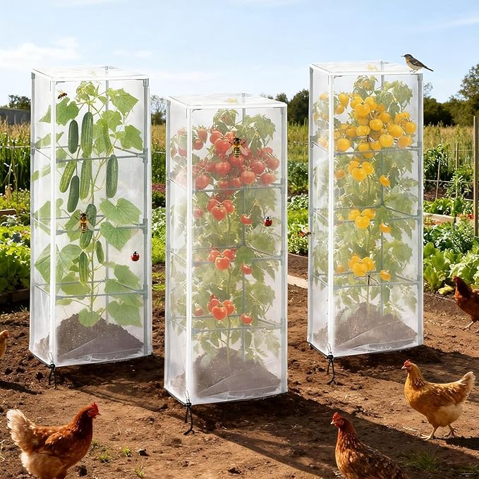 6 Pack 16.9 * 16.9 * 47.2inch Plant Cover for Square Tomato Cage,Tomato Trellis Mesh Netting Covers with Zipper Drawstring Bird Netting for Garden Protection