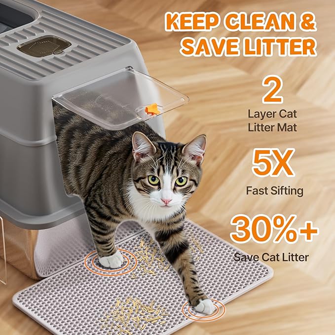 Stainless Steel Litter Box with Lid, 6” Deep Pan, Extra Large Litter Box for Big Cats, Anti-Leakage, Odor Free, Front & Top Dual Entry, Includes Litter Mat & Metal Scoop