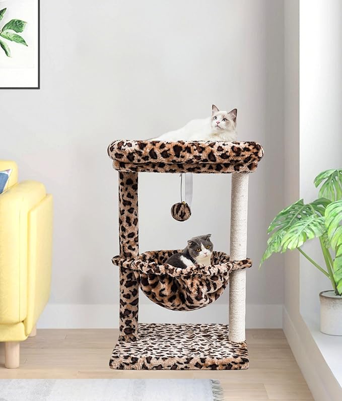 SYANDLVY Small Cat Tree for Indoor Cats, Unique Cheetah Leopard Print Cat Tree Tower for Kitties, Condo Furniture with Hammock & Sisal Scratching Posts