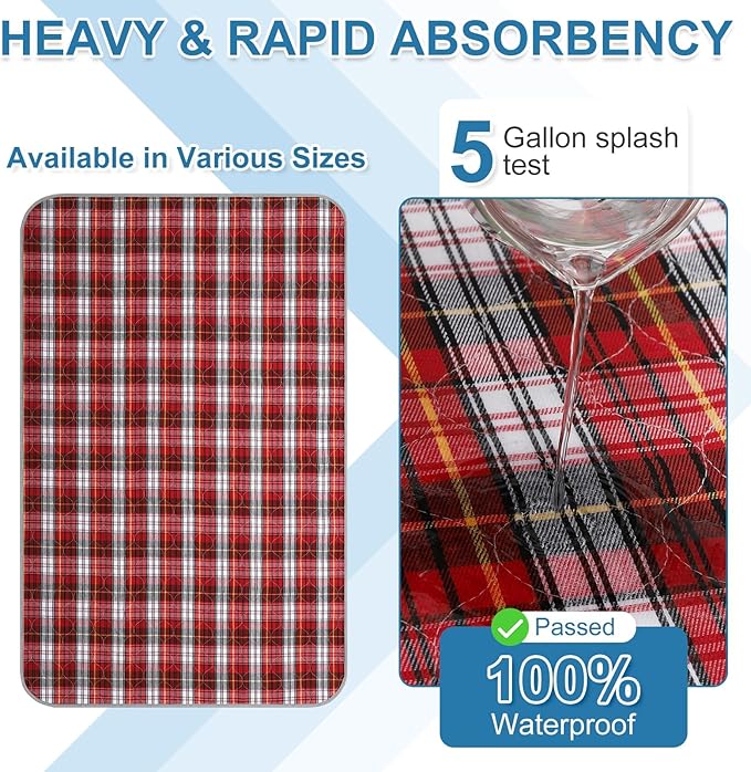 OUTCREATOR® Washable Bed Pads 34" x 54" (Pack of 2) for Incontinence Mattress Protector, Reusable Underpads for Elderly, Adults, Kids, Pets with Anti-Slip Bottom (Red Plaid)