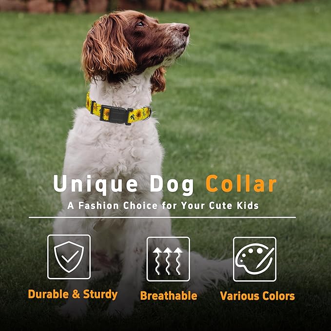 Dog Collar, Floral Puppy Collar for Small Medium Large Dogs, Adjustable Soft Pet Collar with Safety Buckle for Male Females(Yellow Sunflower,XL)