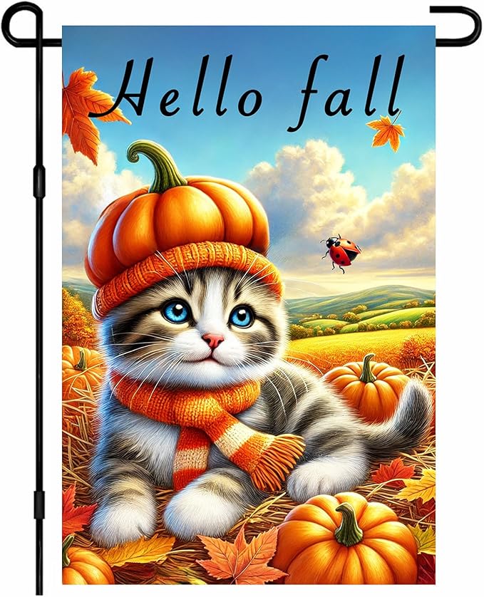 Hello Fall Garden Flag Cute Kitten Pumpkin Hat Scarf Flag 12x18 Inch Autumn Pet Decor Double Sided Outdoor Banner For Front Yard Porch Lawn Patio Seasonal Home Decor for autumn