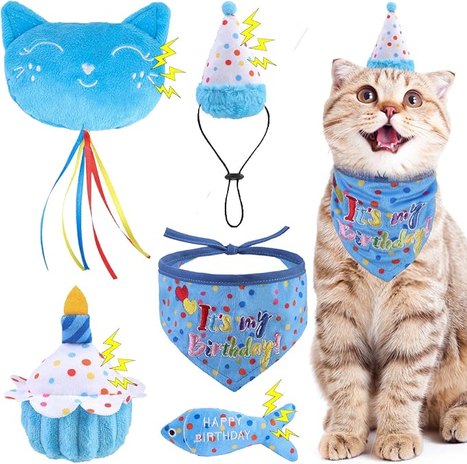 BINGPET Cat Birthday Catnip Toys for Indoor Cats, 5 Pcs Cat Birthday Gift Kitten Interactive Toys for Boy Girl Cats, Soft Plush Catmint Kitty Chew Kick Toy, Hat, Bandana, Balloon, Cake, Fish, Sky Blue