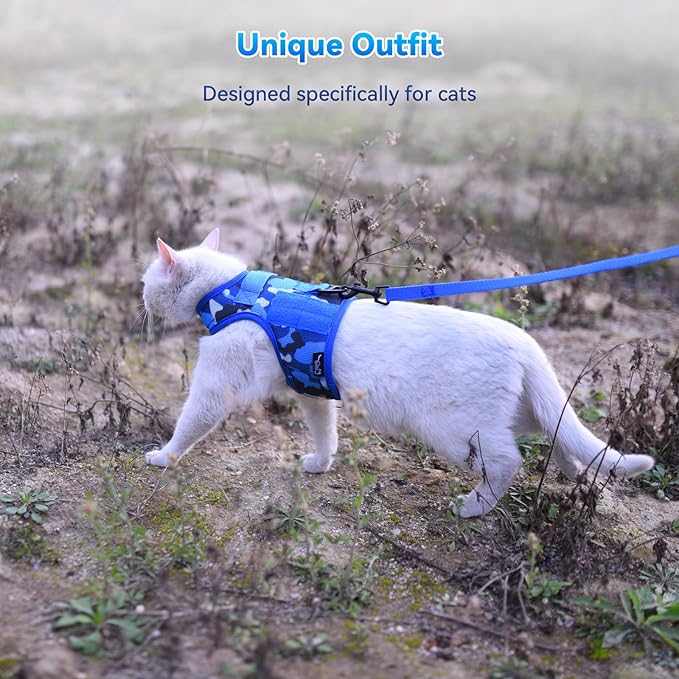 Tactical Kitty Harness and Leash for Walking Escape Proof Breathable Mesh Fabric, Ocean Camo, X-Small, Adjustable Cat Walking Jackets, Padded Stylish Cat Vest