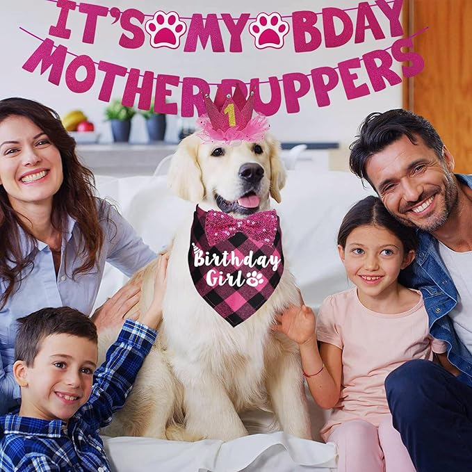 Dog Birthday Decorations, Multi Sizes Dog Birthday Bandana Girl Dog Birthday Hat Crown Bow Tie Birthday Numbers It’s My Bday Mother Puppers Sign Banner for Large Extra Large Dogs (Pink, X-Large)