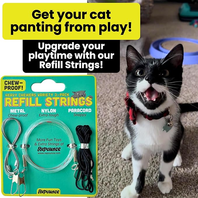 Replacement Strings for Cat Wands, 3 Pieces - Chew-Proof Metal Wire, Durable No Tangle Transparent Fishing Line and Paracord String - Heavy Chewers Refill Strings with Universal Clasps for All Toys