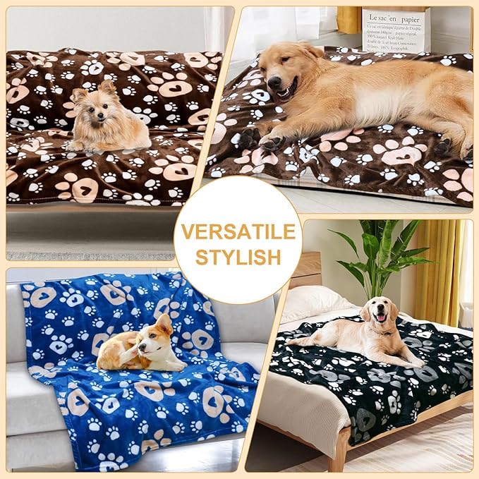 Premium Dog Blankets for Large Dogs & Cat Flannel Blanket Washable, Soft Pet Throw Cover for Kennel Crate Bed, Cute Paw Pattern, 41x31 inch,Blue/Black/Brow
