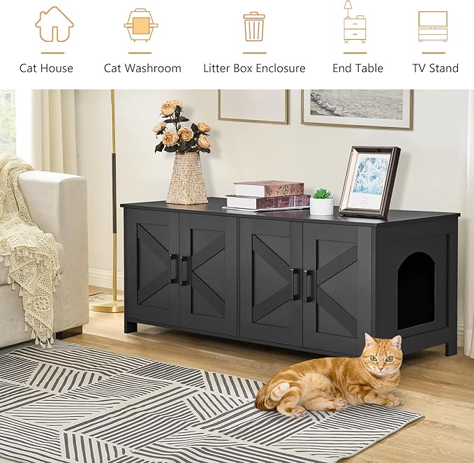 Homhedy Cat Litter Box Enclosure for 2 Cats, Litter Box Furniture Hidden with Double Room,Wooden Cat Washroom Furniture,Cat House,47.2”L x 19.7”W x 19.7”H,Black