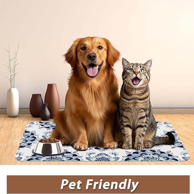 Mandala Flower Dog Food Mat for Floors,Blue Boho Floral Absorbent Quick-Dry Pet Feeding Mat,Cat Dog Bowl Mats for Food and Water,Non-Slip Pet Accessories Supplies 16"x24"