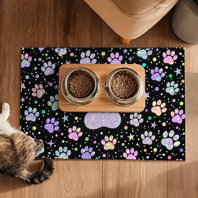 Pet Feeding Mat 24x16 inch Glitter Paw Print Pet Bowl Placemat Non Slip Floor Mat for Food and Water Indoor Pet Feeding Station Cute Meal Pad for Small Cats and Dogs Kitchen Use