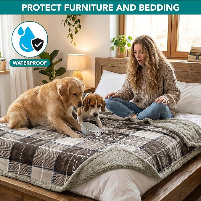 PetAmi Waterproof Dog Blanket for Medium Large XL Dog Puppy Cat Throw for Couch Cover Leakproof Protection, Sherpa Fleece, Reversible Soft Washable 80x60 Plaid Taupe